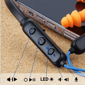 HomeSpot Noise Reduction Wireless Neckband Headphones with Qualcomm aptX HD, 27dB NRR, CVC Noise Cancelling Mic & Controls and 20H Playtime for Work Safety OSHA Compliant - Blue Wire Orange Earbuds