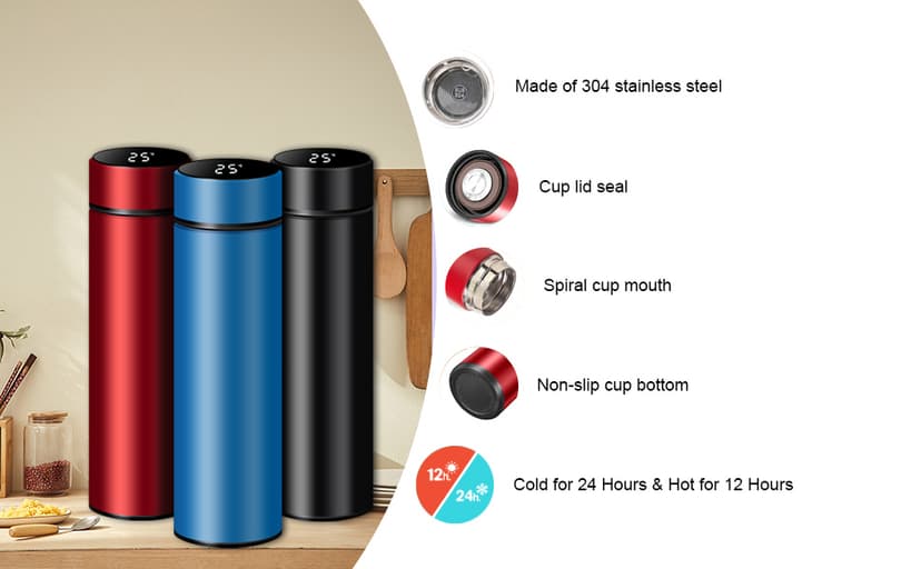 Smart Water Bottle Stainless Steel Vacuum Flask,Travel Mug with Smart LCD Touch Screen, Keep Hot Or Cold, Car Portable Travel Tea Coffee Vacuum Thermo Cup,Insulated Water Bottle (Blue)