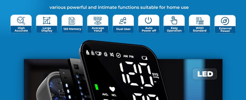Oklar Blood Pressure Monitor Upper Arm Monitors for Home Use BP Machine Sphygmomanometer with 2x120 Reading Memory Adjustable Arm Cuff 8.7"-15.7" Large Display with LED Background Light Storage Bag