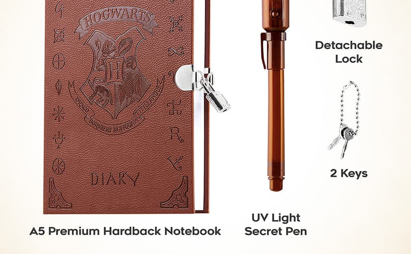 Harry Potter Lockable Diary with UV Invisible Ink Pen for Kids, Teens, Secret Journal with Key, Lined Pages, Stationery Supplies, Gifts for Kids (Brown UV Pen) B07WQY5HWP