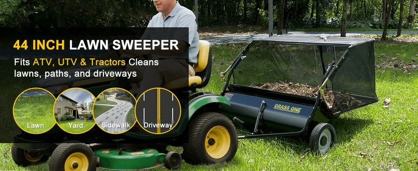 Grass One 44 Inch Tow-Behind Lawn Sweeper with 25 Cu.Ft Hopper Bag, Adjustable Brush Height & Easy Dump-from-Seat – Picks Up Leaves, Grass & Yard Debris, Garden Gift