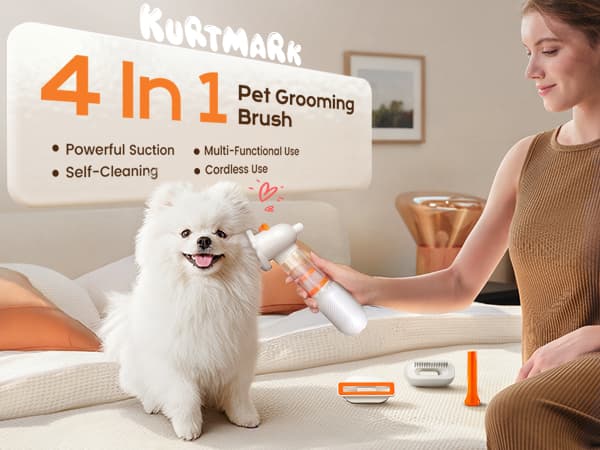 kurtmark Vacuum Dog Brush for Shedding, 4-in-1 Self Cleaning Slicker Brush for Dogs& Undercoat Rake for Dogs, Deshedding Grooming Tool, Anti-Static, Massage, Cleaning, Shedding & Combing All In One!