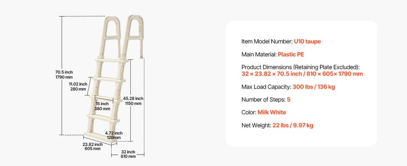 VEVOR Swimming Pool Ladder, 75°Inclined 5-Step Double Handrails Stair, Non-Slip Heavy Duty Steps, Load Capacity 300 lb, for 48-54 in Inground & Above-Ground Pools of Any Deck Surface Indoor & Outdoor