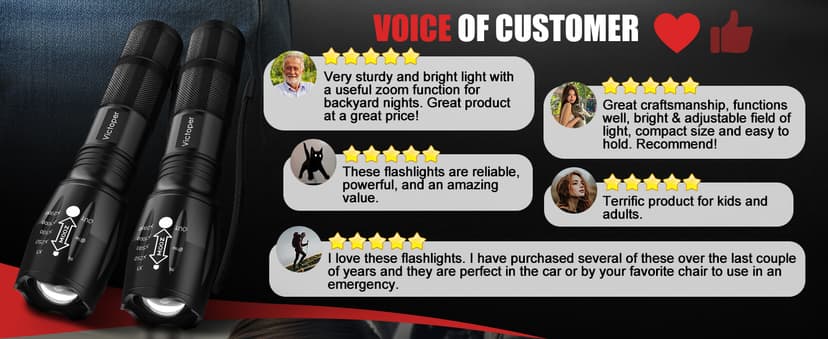 Victoper LED Flashlight 2 Pack, Bright Tactical Torch High Lumens with 5 Modes, Waterproof Zoomable Flash Light for Outdoor, Gifts for Men, Dorm Room Hunting Camping Essentials Gear for Guys