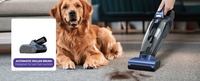 Pet Hair Handheld Vacuum Cordless: 20000PA High Power Car Vacuum with Motorized Brush and LED Light, Rechargeable Hand Held Vacuum Cleaner with Reusable Filter for Car, Home, Office & Pet, Blue