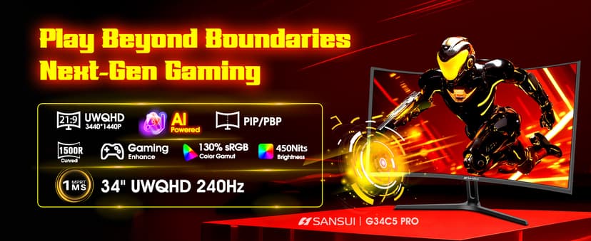 SANSUI 34 Inch 240Hz Ultrawide Curved Gaming Monitor UWQHD 3440×1440, 21:9 2K Curved Monitor 1500R,HDR400,Fast VA, PIP/PBP,AI Crosshair,AIPQ(Visual Enhance),MPRT 1ms,HDMI2.1 * 2,DP1.4 * 2