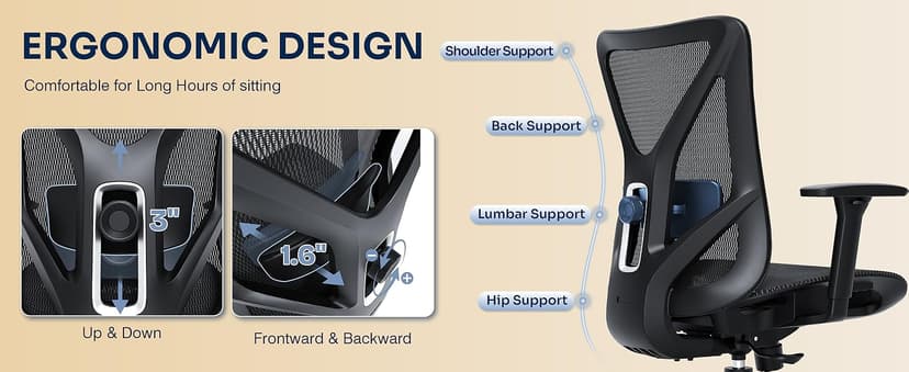 Ergonomic Office Chair, Mesh Computer Desk Chairs with Adjustable Lumbar Support, 3D Armrests, Tilt Function, Comfy Wide Seat, Swivel Executive Work Task Chair for Company and Home