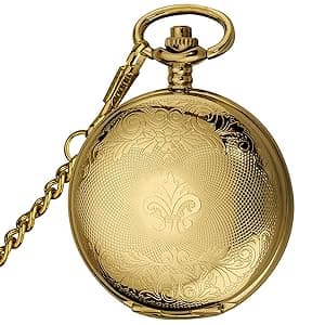 VIGOROSO Vintage Hand Wind Up Pocket Watches for Men, Mechanical Pocket Watch with Chain, Mens Skeleton Pocketwatch