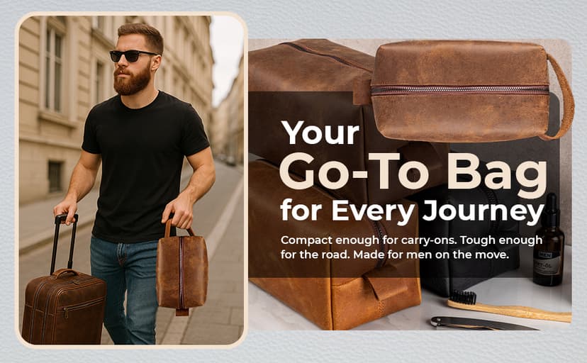 Personalized Leather Toiletry Bag for Men - Handmade Custom Engraved Dopp Kit, Perfect Gift for Dad, Husband, Birthdays & Anniversaries, Groomsmen Gifts, Travel Size Bag, Gifts for Him