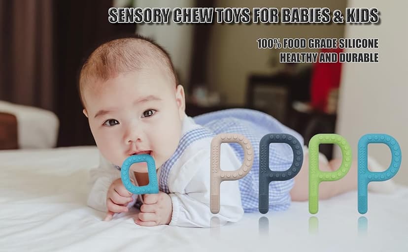 Sensory Toys for Kids Babies Toddlers 4 Pack, P Shape Baby Teething Toys for 3-6 6-12 Months Oral Motor Stimulation, Sensory Chew Toys for Autistic Children, Silicone Chewy Necklaces for Kids Adults