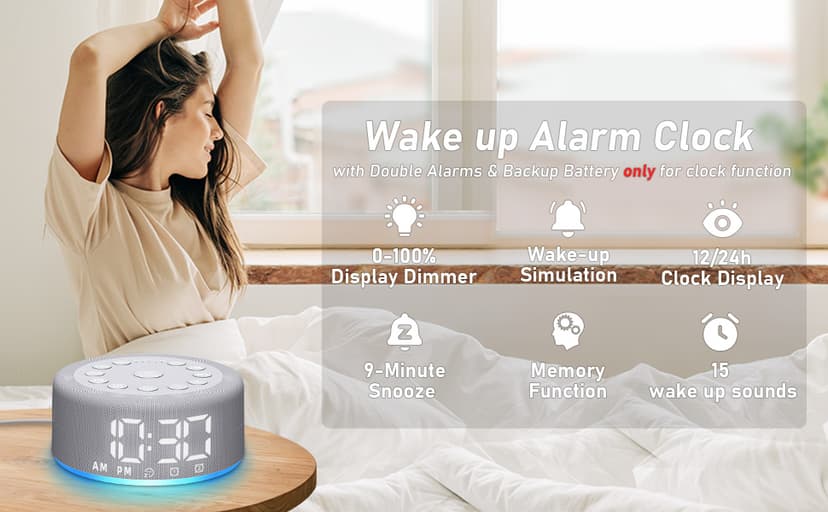 Sound Machine Alarm Clock Brown Noise White Noise Machine Night Light with Dual Alarms Backup Battery 30 Sleeping Sounds for Baby Kids Adults 32 Level Volume 5 Timers 15 Wake Up Sounds Memory Function