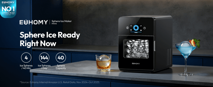 EUHOMY 2" Ice Ball Maker Countertop, 4Pcs Ready in 40Mins, 144Pcs/day, Self-Cleaning Sphere Ice Maker Machine with Crystal Clear Ice, Round Ice Cube Maker for Whiskey & Bourbon