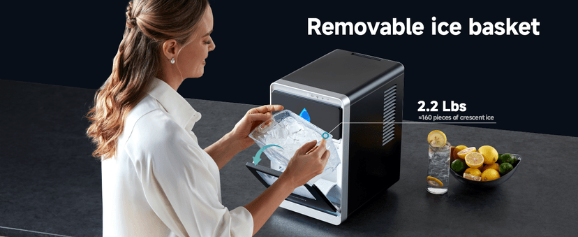 EUHOMY LunaArc Crescent Ice Maker Countertop, 16Pcs Ready in 12Mins, 1600Pcs/Day, Auto Deep Cleaning, Timer, Adjustable Ice Thickness, Portable Ice Cube Maker for Whiskey/Coffee/Soft Drinks