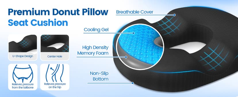 Donut Pillow Seat Cushion - Cooling Gel Donut Chair Cushions, Memory Foam Seat Cushion for Office & Home, Car Seat Cushion and Butt Pillow, Hemorrhoids Pillow and Tailbone Pain Relief, Black