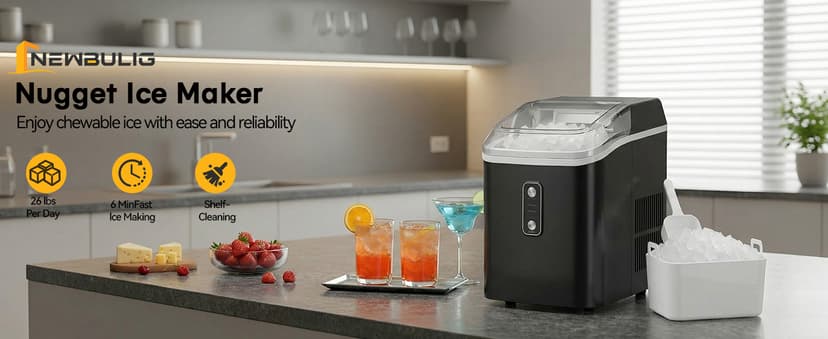NEWBULIG Nugget Ice Makers Countertop, Portable Nugget Ice Machine, Ready in 6 Mins, 24lbs in 24Hrs, Auto-Cleaning, with Basket and Scoop, for Home, Kitchen, RV, Camping, Black