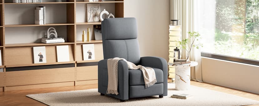 GarveeHome Linen Fabric Manual Recliner Chair, with Side Pocket, High Backrest, Thick Cushion, Adjustable Push Back Recliner,Cozy Lounge Chair for Living Room, Home Theater, Bedroom, Dark Gray