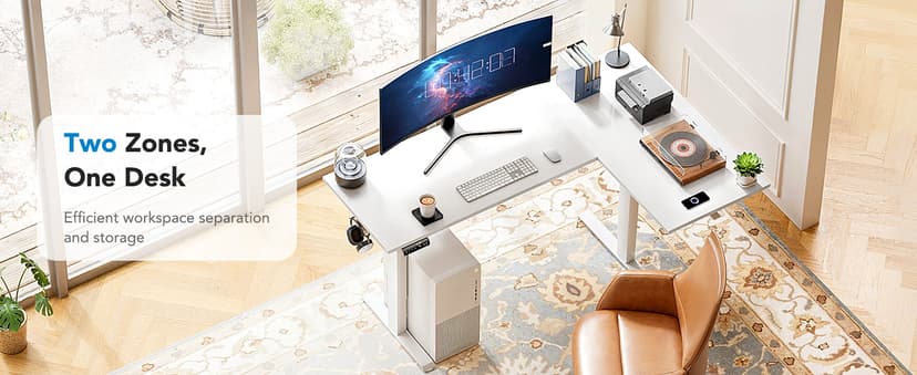 HUANUO L-Shaped Standing Desk, 63 x 40 inch Dual Motor Corner Standing Desk, Electric Height Adjustable Computer Desk with Cable Tray & 3 Preset Heights, Raising Desk for Home Office, White, HNESD109