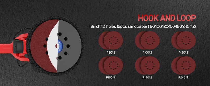 Drywall Sander, 2025 Upgraded 8-Amp Popcorn Ceiling Removal Tool with 7 Variable Speed 800-1800RPM, Drywall Sander with Vacuum Dust Collector with Extendable Handle, LED Light, 12pcs Sanding Discs,Red