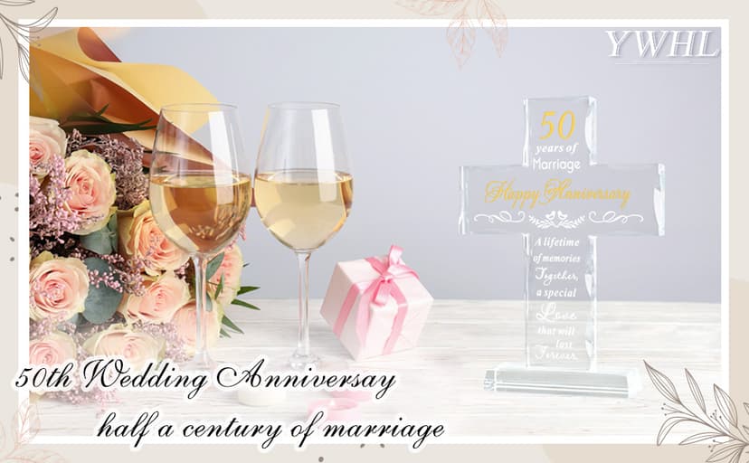 YWHL 50th Wedding Anniversary Religious Cross Gifts for Women Men, 50 Year Anniversary Romantic Gift for Him Her, Laser Engraved Glass Standing Cross Keepsake for Couple, 50 Years of Marriage Present