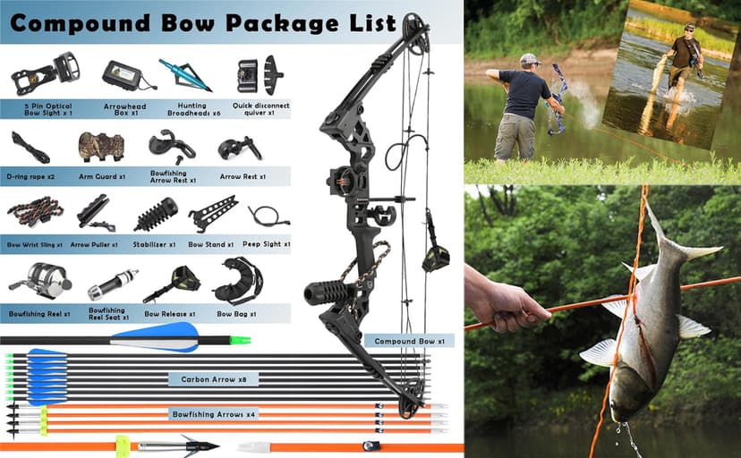 Archery Bowfishing Compound Bow Kit Ready to Fish Kit with Bowfishing Reel, Bow Fishing Arrows Right & Left Handed for Adult/Youth Fishing Hunting Target Shooting