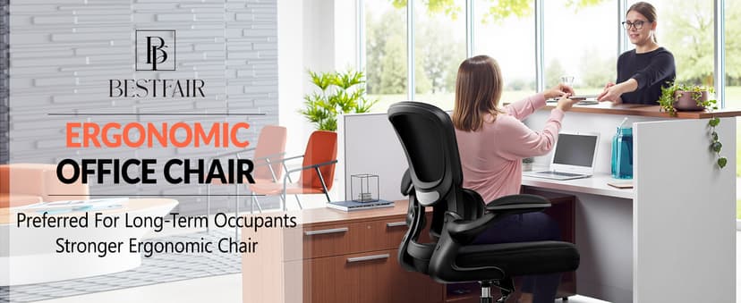 BESTFAIR Office Chair Ergonomic Desk Chair, Breathable Mesh Comfy Chair with Lumbar Support, Computer Chair, Home Desk Chair with Flip-up Armrests, Gaming Chair for Adults Home Office (Black)