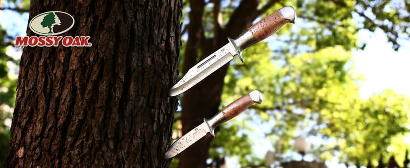 Mossy Oak Fixed Blade Bowie Knife, 2-piece Hunting Knife with Leather Handle Featuring Laser Pattern, Sheath Included