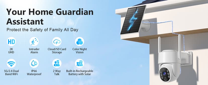 2K Security Camera System, 5GHz&2.4GHz WiFi Solar Wireless Cameras for Home Security, Wire-free Installation, AI Detection, Two-way Audio, Mobile alerts, SD/Cloud Storage, Color Night Vision, 4 Packs