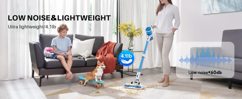 BSNAW Cordless Vacuum Cleaner for Home - Lightweight, Stick Vacuum Clean with Rechargeable Battery, Max 45Mins Runtime, 8 in 1 Handheld Vacuum for Hardfloor & Carpets Pet Hair, Blue&White