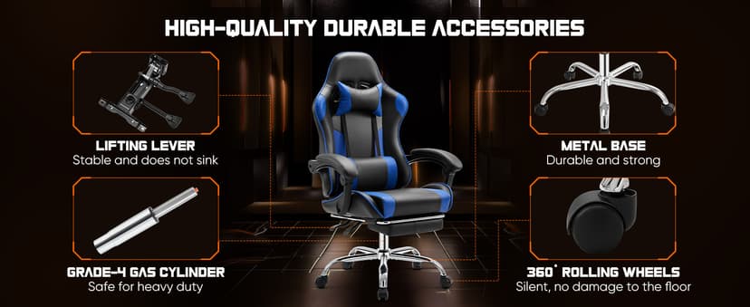 DUMOS Ergonomic Gaming Office Desk Chair with Linkage Armrests for Adults, Height Adjustable Computer Chair with Footrest and Headrest, PU Leather 360° Swivel Recliner with Lumbar Support, Deep Blue