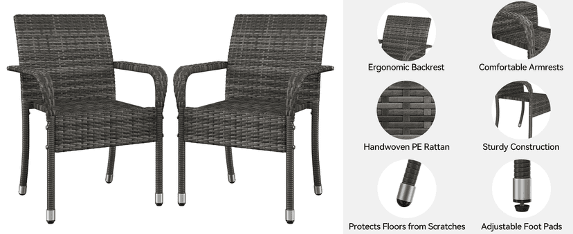 Yaheetech Set of 2 Stackable Outdoor Rattan Dining Chairs, All-Weather Firepits Armchair w/Armrests, Steel Frame for Garden, Patio, Deck, Yard, Poolside, Gray