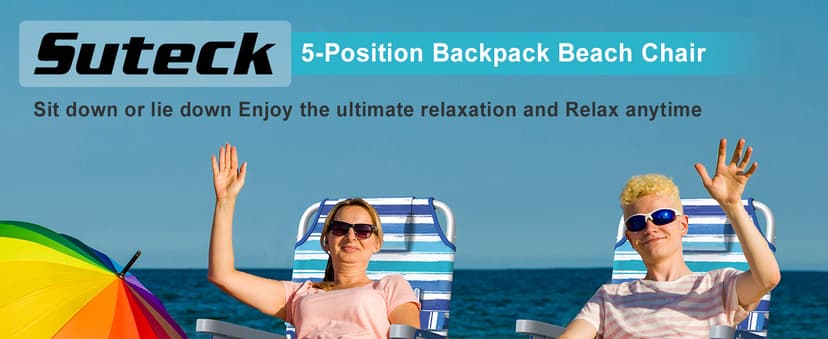 Suteck Backpack Beach Chairs for Adults, 5-Position Lay Flat Reclining Chair with Cooler Pouch, Cup Holder, Towel Bar, 2-Pack Portable Folding Beach Chair for Lawn Outdoor (1, Light Blue)