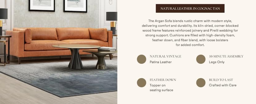POLY & BARK Argan 93” Leather Sofa – Full-Grain Italian Aniline Leather, Feather-Down Comfort, Solid Wood Frame – Cognac Tan