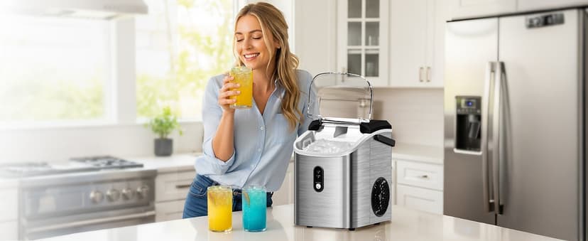 Antarctic Star Nugget Ice Makers Countertop with Auto-Cleaning, 35lbs/Day, Portable Sonic Ice Machine with Handle, Basket and Scoop for Home/Kitchen/Office/Camping(Stainless Steel Silver)