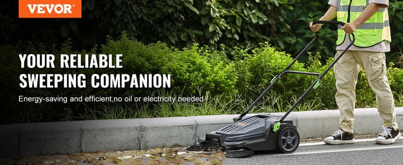 VEVOR Walk-Behind Hand Push Floor Sweeper, 25.6" Sweeping Width Floor Sweeper Manual Non-Electric, 5-Gallon Waste Container, Angle & Height Adjustable Folding Handle for Walkway, Yard, Garage, Patio