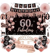 60th Birthday Decorations for Women, 33pcs Black Rose Gold Happy 60th Birthday Banner Crown and Sash Balloons Backdrop Hanging Swirls Paper Fans, 60 Years Old Party Supplies Kit