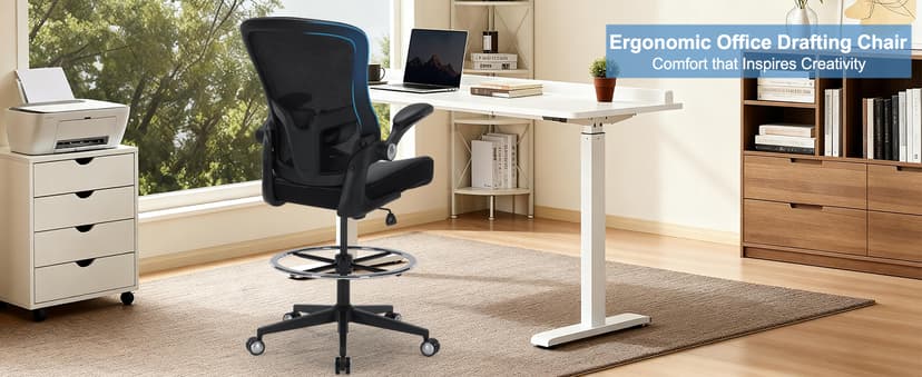 Drafting Chair 400lbs Heavy Duty Tall Office Chair Big and Tall Ergonomic Standing Desk Chair with Lumbar Support and Adjustable Footrest Ring, Comfy Mesh Wide Chair with Flip-up Armrests, Black