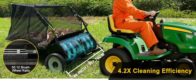 Grass One 44 Inch Tow-Behind Lawn Sweeper with 25 Cu.Ft Hopper Bag, Adjustable Brush Height & Easy Dump-from-Seat – Picks Up Leaves, Grass & Yard Debris, Garden Gift