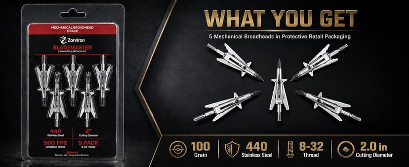 5 Pack Mechanical Expandable Broadheads 100 Grain – Crossbow & Compound Bow Compatible, 2-Inch Cut, 440 Stainless Steel Blades & Chisel Tip, Turkey Deer Small Game Hunting Archery Arrow Tips