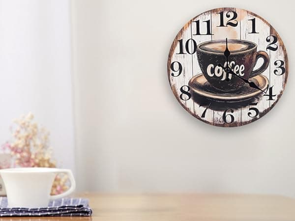 Horizent Kitchen Wall Clock,Vintage Glass Coffee Sign Decor Wall Clocks Battery Operated-8 Inch
