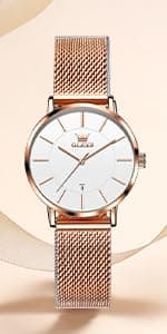 OLEVS Women's Watch Luxury Dress Rose Gold Women Slim Thin Lightweight Watch Stainless Steel Mesh Watches Fashion Waterproof Ladies Wrist Watch Black White Blue Face,Adjustable Bracelet