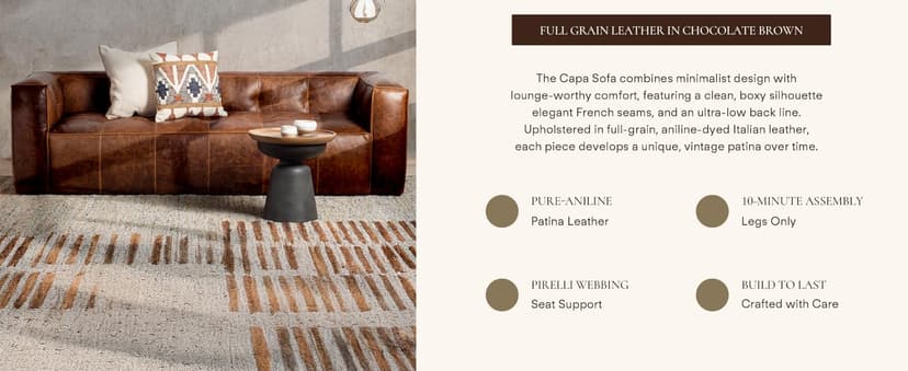 POLY & BARK Capa 96.5" Sofa – Chocolate Brown Full-Grain Pure-Aniline Italian Leather, Boxy Modern Design, Feather-Fiber Cushions, Solid Wood Frame