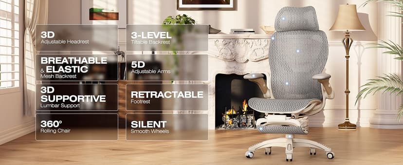 ELABEST X100 Ergonomic Office Chair with Footrest, Big and Tall Home Desk Chair with 5D Flip-Up Arms, Adjustable 3D Lumbar Support,High Back Rolling Computer Chair, Swivel Mesh Chairs (Foggy Morning)