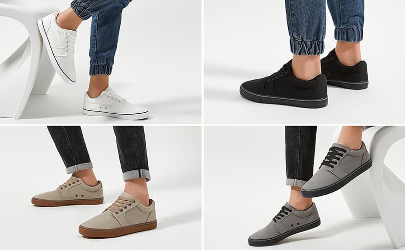 BENPAO Mens White Casual Shoes All Black Fashion Sneakers for Men Low Top Lace Up Canvas Shoes