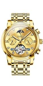 OLEVS Men Automatic Watch Skeleton 5 Hands Mechanical Classic Luxury Multi Calendar Stainless Steel Waterproof Wrist Watch for Men