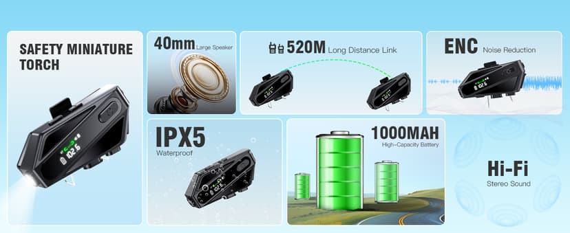 Motorcycle Helmet Bluetooth Headset, C6 Helmet Speakers with 2 Type Mics, Intercom/Hands-Free Call/Music/Waterproof/Noise Cancellation/Wake Up Siri, Suitable for Motorcycles, Skiing, and Cycling
