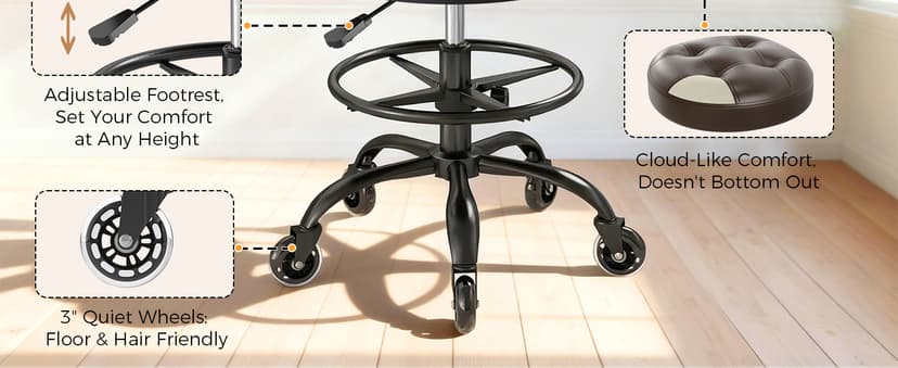 Office Drafting Chair with Footrest, Tall Height Adjustable Stool with Back Support, Heavy Duty Rolling Stool Chair with Wheels for Office Home Kitchen Bar Shop Guitar Studio Vanity, Brown