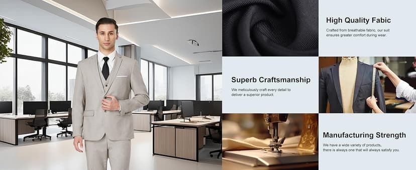 Men's Suit 3 Piece Slim Fit Suit Set, Two Button Solid Jacket Vest Pants with Tie, Men Tuxedo Suit Set