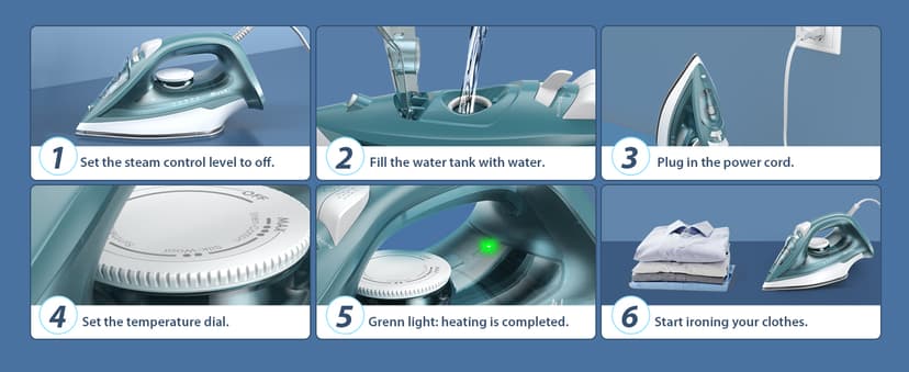 Sundu 1500W Clothes Iron, Steam Iron for Clothes - Ceramic Nonstick Soleplate for Fast Gliding, Self-Clean, Auto Shut-Off, 11.8oz Large Water Tank, Lightweight for Home & Travel Use, Green