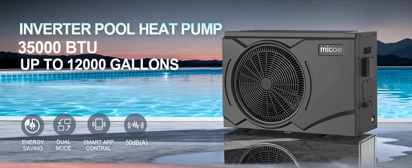 MICOE 35000 BTU Pool Heater for Above Ground Pool and Inground Pool up to 24ft (11/18/24ft) / 12000 Gallons, Inverter Electric Swimming Pool Heat Pump, Heating and Cooling Mode