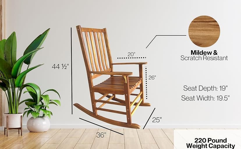 Patio Wise Acacia Wood Rocker Chair, Indoor/Outdoor Wooden Rocking Chairs, Porch, Deck, Patio, & Balcony Furniture, 26 -Inches Long x 35 ½ -Inches Wide x 44 ½ -Inches High, Teak